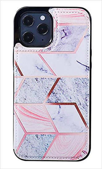 Durable Geometric Marble Back Premium PU Leather iPhone 12 Pro Max Case with Card Holder