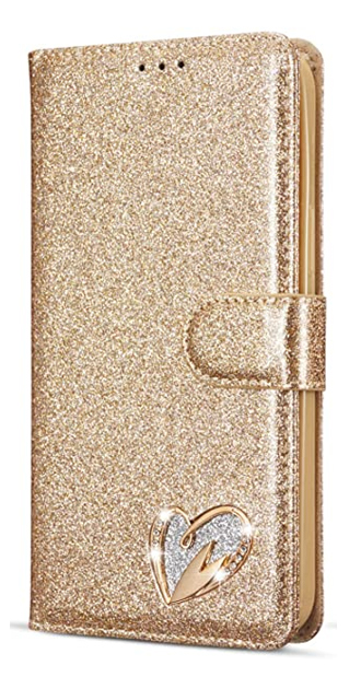 legant Glittery PU Faux Leather iPhone 12 Pro Max Cover Case with inlaid Diamond Heart Detail
