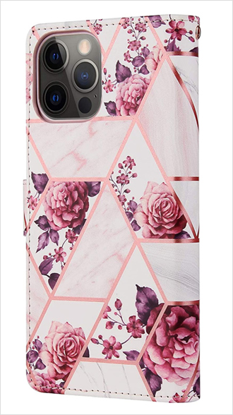 Geometric Marble Rose Gold Flower Patterned iPhone 12 Pro Max Wallet Case