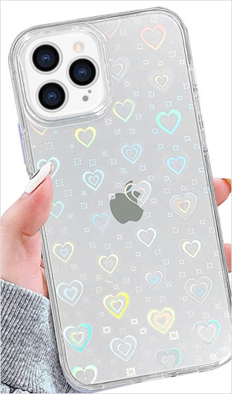 Holographic laser glitter heart printed iphone 12 pro max clear case
