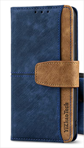 Sturdy Tan and Blue PU Leather iPhone 12 Pro Max Cover Case with Card Slots